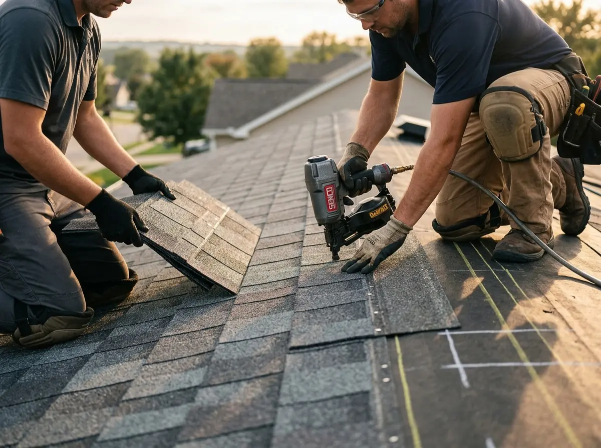 Professional roofer working on a residential roof in Baxter